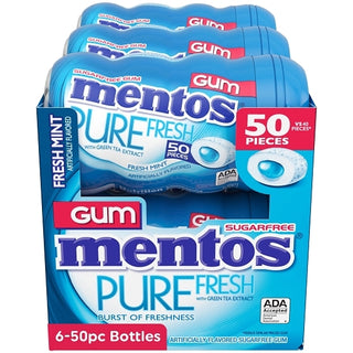 Mentos Sugar Free Pure Fresh Gum Fresh Mint Curvy Bottle, 50 Piece, 6 Per Pack, 6 Per Case