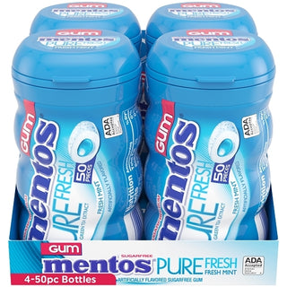 Mentos Sugar Free Pure Fresh Gum Fresh Mint Curvy Bottle, 50 Piece, 4 Per Pack, 6 Per Case