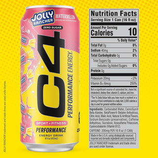 Cellucor C4 Performance Zero Sugar Energy Drink, Jolly Rancher Watermelon, 16 oz (Pack of 12)