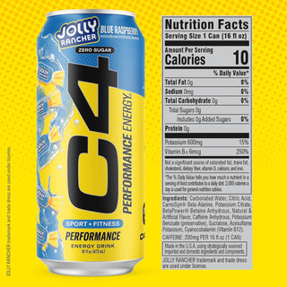 Cellucor C4 Performance Zero Sugar Energy Drink, Jolly Rancher Blue Raspberry, 16 FL oz (Pack of 12)