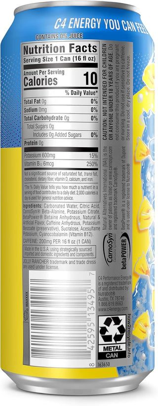 Cellucor C4 Performance Zero Sugar Energy Drink, Jolly Rancher Blue Raspberry, 16 FL oz (Pack of 12)