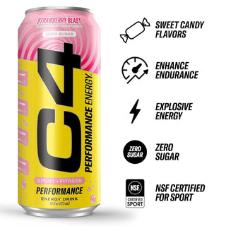 Cellucor C4 Performance Zero Sugar Energy Drink, Strawberry Blast, 16oz (Pack of 12)