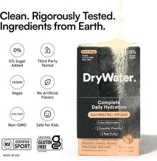 DryWater Electrolyte Powder Packets, Peach Mango, 0.39oz (Pack of 12)