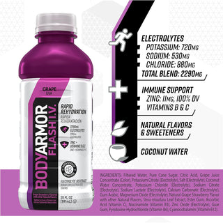 BodyArmor Flash I.V. Rapid Rehydration Electrolyte Beverage, Grape, 20oz (Pack of 12)