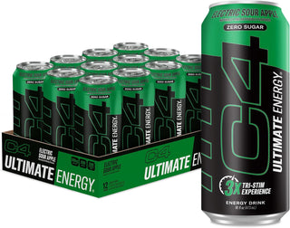 C4 Ultimate Sugar-Free Energy Drink, Electric Sour Apple, 16oz (Pack of 12)