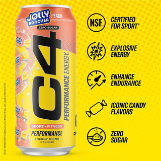 Cellucor C4 Performance Zero Sugar Energy Drink, Jolly Rancher Peach, 16 oz (Pack of 12)