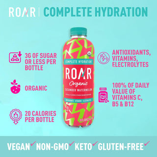 ROAR Complete Hydration Organic Drink, Cucumber Watermelon, 18 oz (Pack of 12)