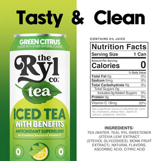 RYL Iced Tea, Green Citrus, 16oz (Pack of 12)
