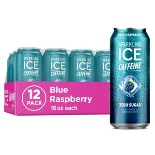 Sparkling ICE Sparkling Water with Caffeine, Blue Raspberry, 16oz Cans (Pack Of 12)