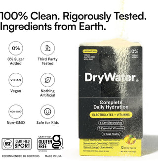 DryWater Electrolyte Powder Packets, Lemon Lime, 0.39oz (Pack of 12)