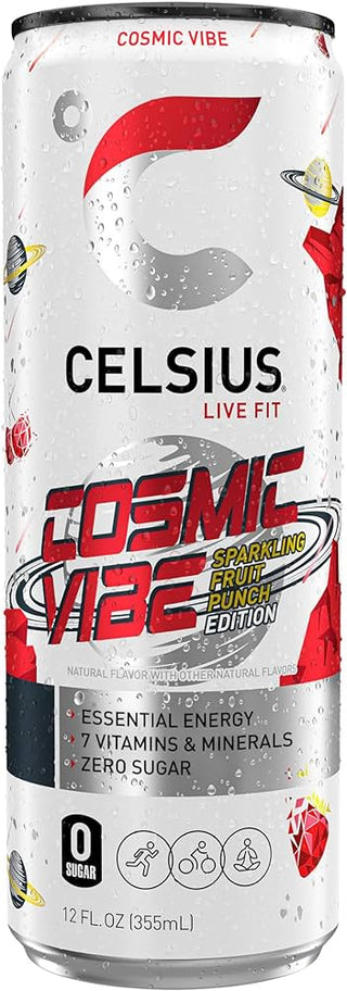 CELSIUS Sparkling Energy Drink, Cosmic Vibe Fruit Punch, 12oz Slim Can (Pack of 12)