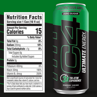 C4 Ultimate Sugar-Free Energy Drink, Electric Sour Apple, 16oz (Pack of 12)