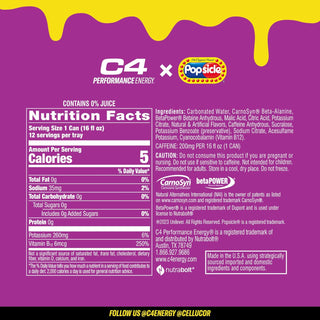 Cellucor C4 Performance Zero Sugar Energy Drink, Popsicle Grape, 16oz (Pack of 12)