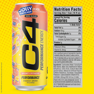Cellucor C4 Performance Zero Sugar Energy Drink, Jolly Rancher Peach, 16 oz (Pack of 12)