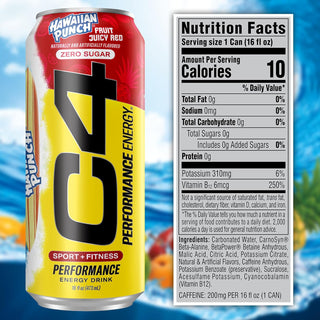 Cellucor C4 Performance Zero Sugar Energy Drink, Hawaiian Punch, 16oz (Pack of 12)