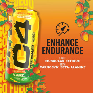 Cellucor C4 Performance Zero Sugar Energy Drink, Mango Fuego, 16 oz (Pack of 12)