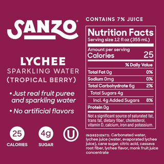 Sanzo Flavored Sparkling Water, Lychee (Berry), 12oz (Pack of 12)