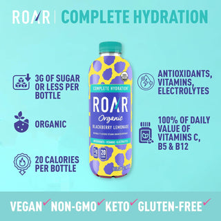 ROAR Complete Hydration Organic Drink, Blackberry Lemonade, 18 oz (Pack of 12)