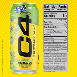 Cellucor C4 Performance Zero Sugar Energy Drink, Jolly Rancher Green Apple, 16 oz (Pack of 12)