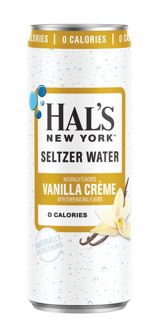 Hal's New York Seltzer Water, Vanilla Creme, 12oz Slim Cans (Pack of 24)
