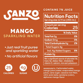 Sanzo Flavored Sparkling Water, Mango (Alphonso), 12oz (Pack of 12)