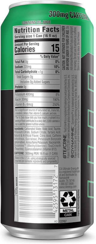 C4 Ultimate Sugar-Free Energy Drink, Electric Sour Apple, 16oz (Pack of 12)