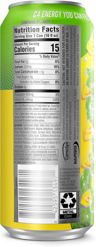 Cellucor C4 Performance Zero Sugar Energy Drink, Jolly Rancher Green Apple, 16 oz (Pack of 12)