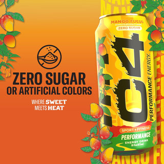 Cellucor C4 Performance Zero Sugar Energy Drink, Mango Fuego, 16 oz (Pack of 12)