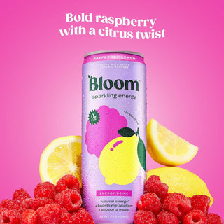 Bloom Sparkling Energy Drink, Raspberry Lemon, 12oz (Pack of 12)