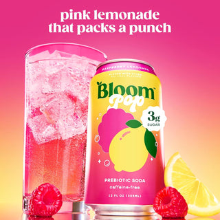 Bloom Pop Prebiotic Soda, Raspberry Lemonade, 12oz (Pack of 12)