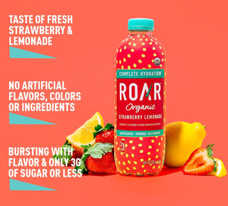 ROAR Complete Hydration Organic Drink, Strawberry Lemonade, 18 oz (Pack of 12)