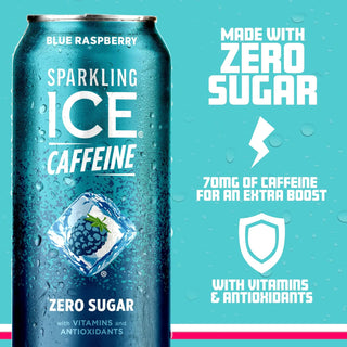 Sparkling ICE Sparkling Water with Caffeine, Blue Raspberry, 16oz Cans (Pack Of 12)