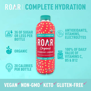 ROAR Complete Hydration Organic Drink, Strawberry Lemonade, 18 oz (Pack of 12)